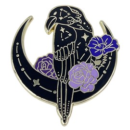 Crescent Moon Novelty Pin with Roses, Black and Purple, Medium, Zinc Metal, no gemstone