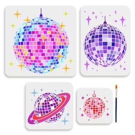 MAYJOYDIY 4 Size Disco Ball Stencil 6~11.8inch Dancing Party Dazzling Ball Stencil with Paint Brush Shiny Star Music Bar Party Light Templates for Furniture Windows Wood Wall Tile Canvas Fabric Floor