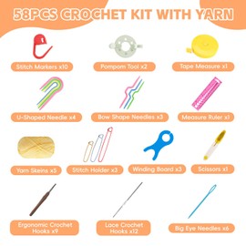 58pcs Crochet Kit for Beginners, Crochet Hook Set with Yarn, Portable Crocheting Kit for Starter, Ergonomic Crochet Needles Tools DIY Knitting Accessories for Experienced Crochet Lovers, Flamingo