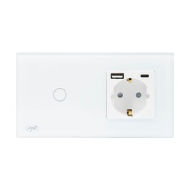 PNI SH115W Single Glass Switch with Touch Function Combined with Schuko Sockets and USB Ports