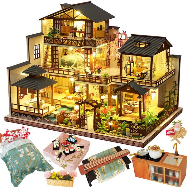 Kisoy Dollhouse Miniature with Furniture Kit, Handmade Great Japanese Courtyard Style DIY House Model for Teens Adult Gift (Forest Courtyard)