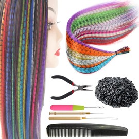 XIAO TAO ZI 17'' Synthetic Feather Hair Extensions 13pcs/Lot Hair Pieces +50 pcs Silicone Micro Beads+3 pcs Crochet Hook +1 Hair Pliers +1 Comb Hair Feathers Tool Kit (13 Pcs With Tools Kit)