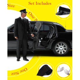 Dreamzfit - Unisex Adults Chauffeur Cap Limo Taxi Driver Hat, White Gloves and Black Tie Book Week Day Fancy Dress Accessories Kit