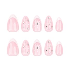 Christmas Press on Nails Short Almond Fake Nails Pink False Nails with Designs Snowflake Rhinestones Stick on Nails Full Cover Glossy Glue on Nails Winter Xmas Acrylic Nails for Women Girls 24 Pcs