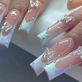 RUPOFUZA Long Press on Nails Square Laser French Tip Fake False Nails with Silver Butterfly charm Press ons Designs Acrylic Nail Press on Artificial Stick on Nail for Women 24Pcs