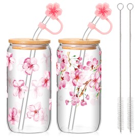 Baderke 2 Sets Cherry Blossom Glass Cup 16 oz Aesthetic Sakura Coffee Cup with Bamboo Lid Glass Straw Cleaning Brush and Flowers Silicone Straw Cover Cap Travel Tumbler Gift for Iced Coffee Wine Tea