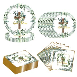 96pcs God Bless Baptism Plates and Napkins First Holy Communion Tableware Include 48pcs 7inch God Bless Paper Plates 48pcs Mi Bautizo Eucalyptus Paper Napkins Dinnerware for Baby Shower Decoration
