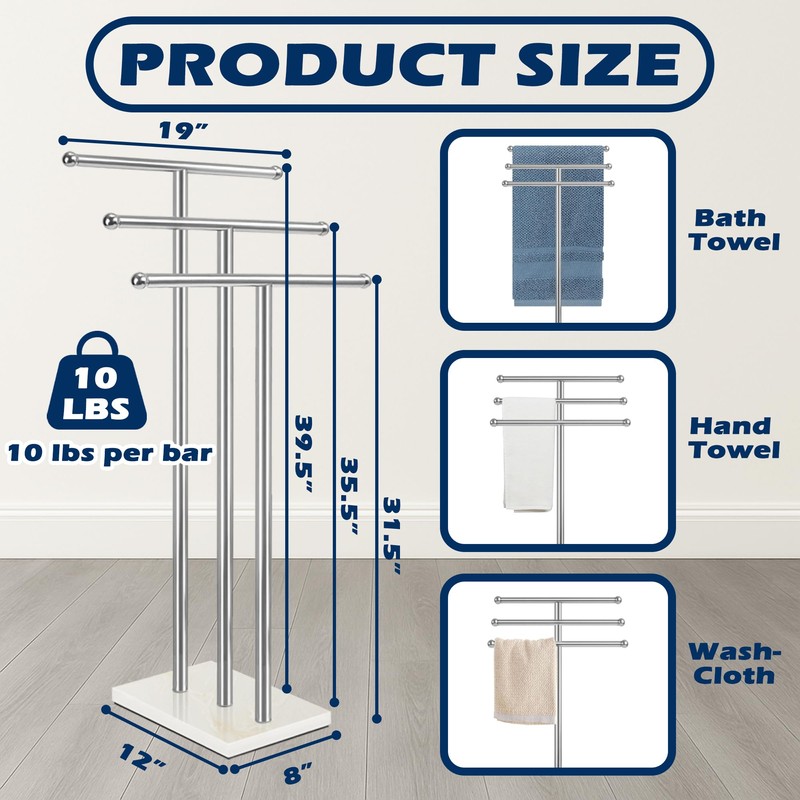 VERSSURE Marble Base Freestanding Towel Rack, 3-Tier Standing Towel Holder