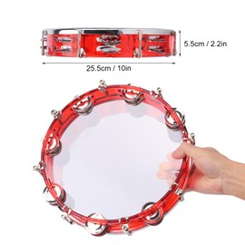 IHDYPPEW 10 Inch Red Adjustable Tambourine, Musical Percussion Instrument Drum with Double Metal Jingles, Hand Held Tambourine for Adults, Church, Birthday, Party, Live Show