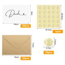 HENGBIRD Pack of 20 Thank You Cards with 20 Kraft Envelopes and 25 Gold Seal Stickers Thank You Card for Teachers, Friends and Family (9 cm x 14 cm)