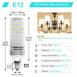 Super Bright E12 LED Bulbs, 16W 1500LM E12 Bulbs, Warm White 2800K Lights, CRI80+, 120W Incandescent Bulb Equivalent, E12 Base Non-Dimmable LED Lamp, 12 Pack