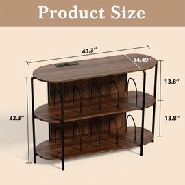 Faesun 43.3" Record Player Stand with Power Outlets, 3-Tier Vinyl Record Storage Cabinet Holds Up to 400 Albums, Turntable Stand with Open Shelves, Curved Edge Table, Walnut