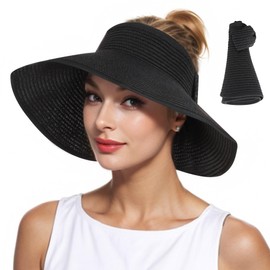 Women Straw Sun Visor Hat - UV Protection Wide Brim Roll Up Summer Hat Foldable Outdoor Beige