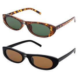 SCVGVER Oval Sunglasses for Women Men, 90s Skinny Sun Glasses, Tiny Retro Shades, UV400 Protection(Tortoiseshell Frame - Green Lens + Black Frame - Brown Lens)