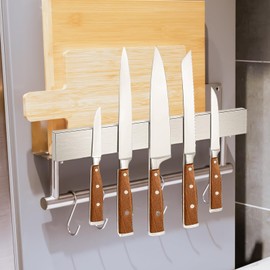 puxaajao Knife Magnetic Strip & Magnetic Cutting Board Rack with 6 hooks-16 inch Stainless Steel Magnetic Knife Holder for Fridge or Wall