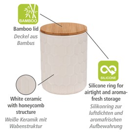 WENKO Maya Storage Tin Made of High-Quality White Ceramic with Honeycomb Structure, Dishwasher-safe Tin with Airtight Lid Made of Bamboo, FSC® Certified, 1.3 L, Diameter 13 x 17 cm