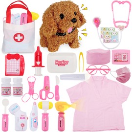 TEUVO Dog Toy for Children, 25 Pieces Doctor Kit with Realistic Medical Tools, Stethoscope, Veterinarian Set & Interactive Plush Dog, Role Play Costume Gifts for Toddlers 3-8 Years