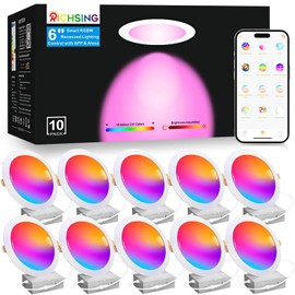 RICHSING 10 Pack LED Recessed Lighting 6 inch, RGBCW Recessed Ceiling Lights Compitable with Alexa, 2700K-6000K Dimmable 1350LM LED Recessed Lights with Junction Box, 16 Million Colors, Timer