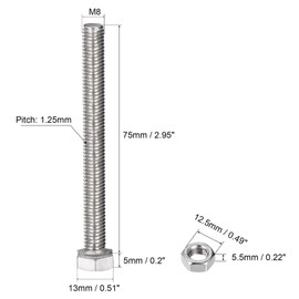 TOP-VIGOR 4Pcs M8 x 75mm Hex Head Screws Bolts, Nuts, Flat & Lock Washers Kits, 304 Stainless Steel Fully Thread Hexagon Bolts for DIY Bike Motorcycles Repair