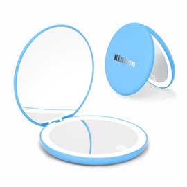 intion Travel Mirror with Light, 1X/10X Magnification Compact Mirror, 4" Rechargeable LED Purse Mirror, Dimmable 3 Color Temperature, Portable Lighted Pocket Mirror, Blue