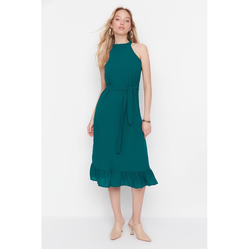 TRENDYOL Women's Midi Ruffle Hem Regular Dress, emerald green