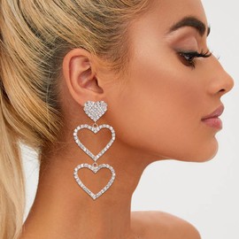 EVER FAITH Wedding Large Statement Heart Earrings, Stunning Rhinestone Round Crystal Long Three Love Hearts Valentines Day Bridal Party Dangle Earrings for Women White Silver-Tone