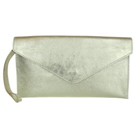 Girly Handbags Womens Genuine Leather Italian Metallic Shimmer Envelope Wrist Clutch Bag (Light Gold)