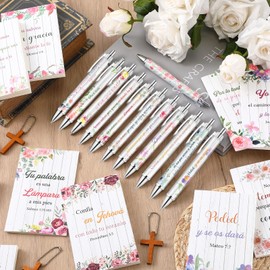 AmazingSpark 48pcs Spanish Christian Bulk Gifts for Women 24 Bible Verse Pens 24 Bible Notebooks Christian Gift Set Scripture Ballpoint Pen Bible Quote Notepad Gifts (Flowers)