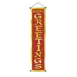 Beistle Season’s Greetings Velvet-Lame Door Panel, 4’ 8.5” x 12.25” – Soft Velvet Lame Construction, Ideal for Indoor & Outdoor Use, Red & Gold Print, Holiday Door Decorations