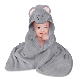 Aolso Hooded Towel Baby, 80 x 80 cm Baby Towel Hood, Baby Wash Cloth, Coral Fleece Baby Towel with Hood for Newborns, Soft and Super Absorbent, Unisex (Grey Elephant)