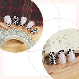 24 Pcs French Tip Press on Nails Short Almond Fake Nails with Rhinestones Designs Leopard False Nails Full Cover Glue on Nails French Leopard Artificial Nails for Women Girl Nail Decoration
