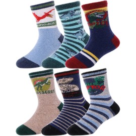 EBMORE Kids Wool Socks Boys Girls Toddlers Winter Warm Hiking Thick Thermal Heavy Crew Boot Cozy Gift Dinosaur Socks 6 Pairs(Dinosaur B,8-12 Y)