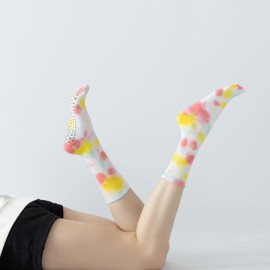 Yoga Pilates Socks with Grips for Women Non Slip Colorful Tie Dye Cushioned Crew Socks for Barre Ballet Dance (Pink/Yellow)