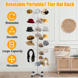 DDBESSIC 7-Tier Rotating Hat Display Rack, 35 Hooks Metal Freestanding Retail Display Stand Commercial Large Headwear Wig Rack Metal Floor Rack for Hats and Wigs (White)