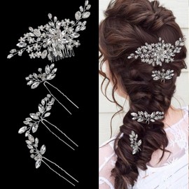 4Pcs Silver Bride Wedding Hair Comb Hair Pins Set Crystal Bridal Hair Side Combs Rhinestones Decorative Combs Hairpins Flower Bridal Headpieces Hairpiece Clips Accessories for Women Girls