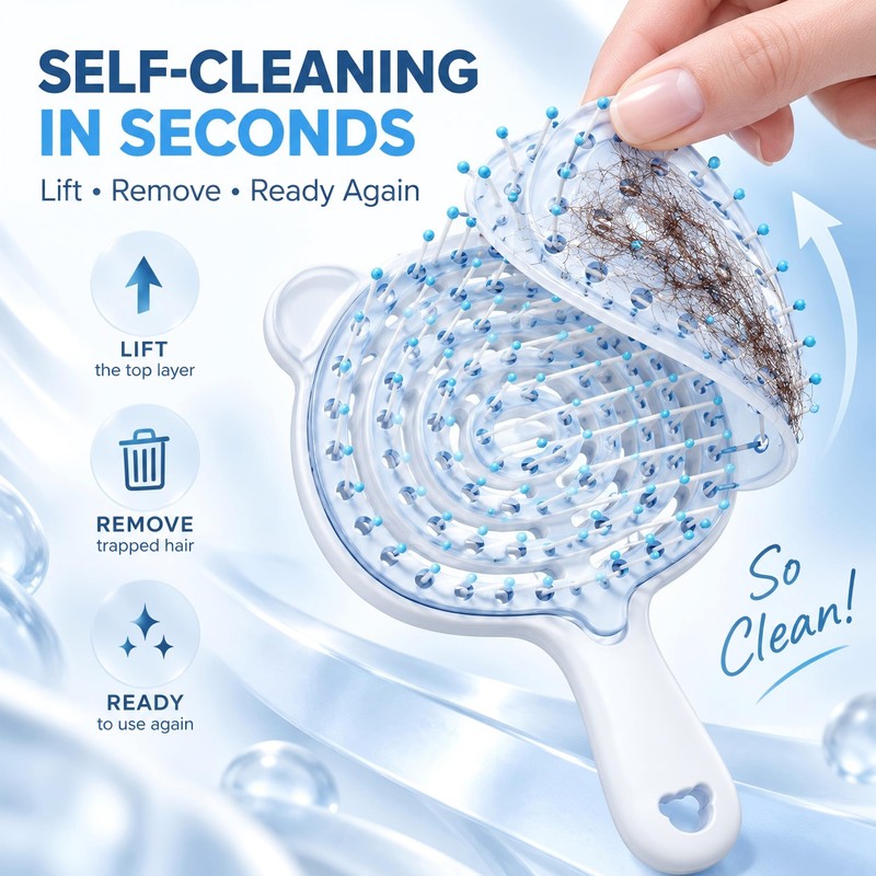 Bear-Shaped Self Cleaning Hair Brush, Curved Vented Design, Blue