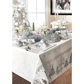 Lex's Linens Christmas Tablecloth with a Silver Lurex Christmas Forest Print on a Crisp White Background (52 x 108)