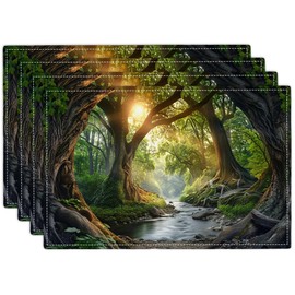 Rainforest Placemats Set of 4 Sunrise Rainforest Green Scenery Jungle Table Mats Washable Place Mats for Home Party Kitchen Indoor Outdoor Restaurants Decoration 12''x18''