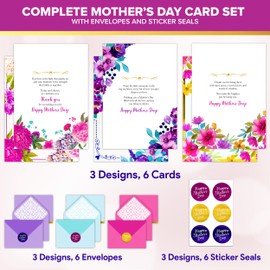 Decorably 6 Pack Foiled 5x7in Mothers Day Cards with Envelopes and Stickers, 3 Floral Designs Happy Mother's Day Cards with Printed Message Inside