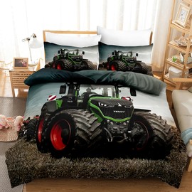 MVRFN 3D Printed Children's Tractor Bed Linen 135 x 200 cm + Pillowcase with Zip 80 x 80 cm Tractors Boys Duvet Covers Reversible Bed Linen Cover Set with Zip Soft Microfibre Bed Linen