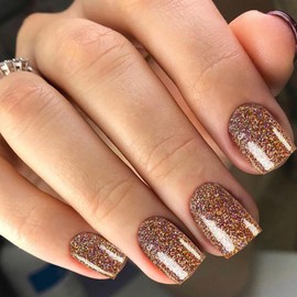 ANDGING Bling Brown Press on Nails Square Short Fake Nails with Designs Fantasy Glitter Acrylic Glue on Nails Gel Full Cover Pressons False Nails for Wedding Manicure Stick on Nails for Women