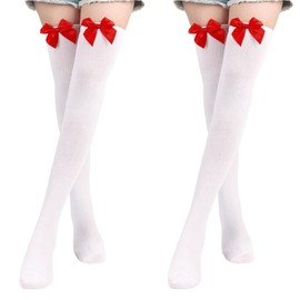 Grasslandy 2 Pairs of Women's Overknee Stockings with Bow, Overknee Stockings, Stretchy Thigh High Socks, Women's Knee Socks for Valentine's Day, Theme Party, Carnival, Christmas, White