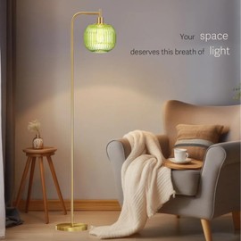 URLIGHTS Glass Floor Lamp,67" Modern Standing Lamp with Green Ribbed Glass Lampshade Metal Pole for Living Room, Bedroom, Office - Heavy Base,Pedal Switch(Include E26 Bulb)