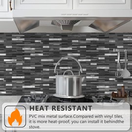 STICKGOO Peel and Stick Backsplash Tile, Stick on Backsplash for Kitchen and Bathroom, Black Grey Wood Look PVC Mixed Metal Silver Self Adhesive Wall Tiles(Sample)