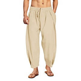 Gafeng Mens Linen Yoga Pants Summer Beach Loose Fit Casual Summer Elastic Waist Drawstring Tapered Trousers Beige