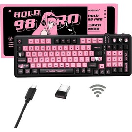AUSDOM 98Pro Wireless Mechanical Keyboard, Tri-Mode Bluetooth/2.4GHz/USB-C Gasket Hot Swappable Custom Gaming Keyboard with Backlit, PBT Keycaps, Linear Switches, for Windows/Mac/PC (Manga Girl Theme) - Color: Black&Pink-Silent
