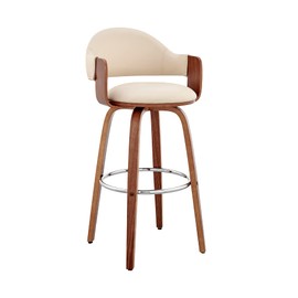 Armen Living Daxton Mid Century Modern Swivel Bar Stool for Kitchen Island Counter in Cream Faux Leather and Walnut Wood, 30" Seat Height