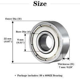 Saipor 30PCS 608ZZ Ball Bearings Kit, Double Shielded Miniature Deep Groove 608 ZZ Skateboard Bearing Carbon Steel for Furniture Wheel, Skateboards, Inline Skates, Scooters (8mm x 22mm x 7mm)