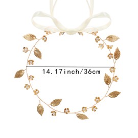 Thinslimer Gold Leaf Headband Wedding Bridal Boho Hair Piece,Circlet Headpiece Birthday Sparkly Head Jewelry Dainty Hair Accessories for Women and Girls (with Ribbon)