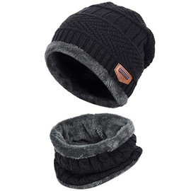 Aufondof 2-Pieces Winter Warm Knit Beanie Hat Neck Warmer Scarf with Thick Fleece Lining Winter Cap Scarves for Men and Women, Black